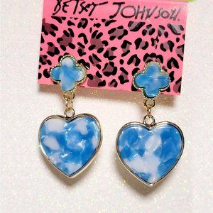 Betsey Johnson Blue Ombre Tie Dye Four Leaf Clover Heart Earrings